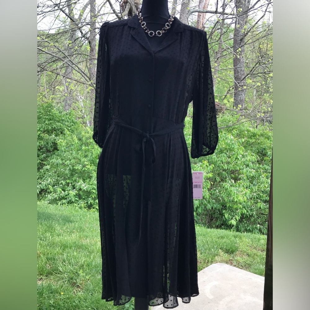 Nanette Lepore Black Sheer Polka Dot Dress with Bishop Sleeves and V-Neck